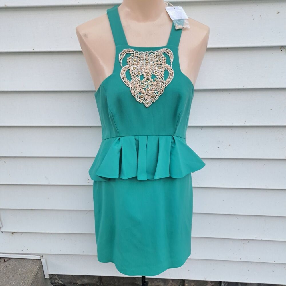 NEW Tibi Size 8 Medium Blue Teal Peplum Beaded Dress 2010 Y2k Retro Women's